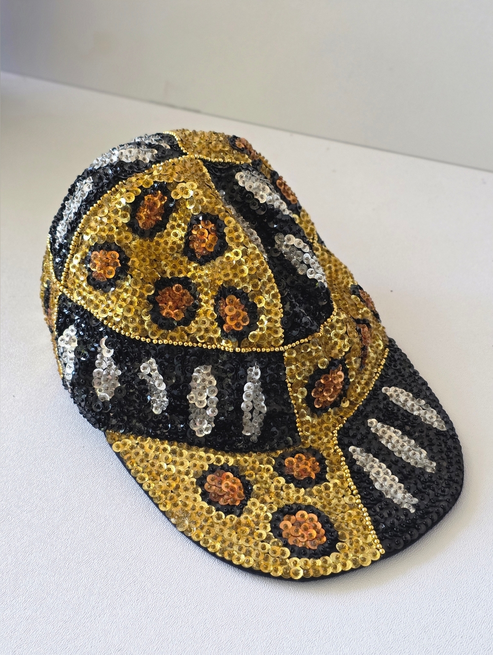 Y2K Sequin Leopard Print Hat Gold Black Mob Wife McBling Glam Statement Cap Vtg - Picture 5 of 16